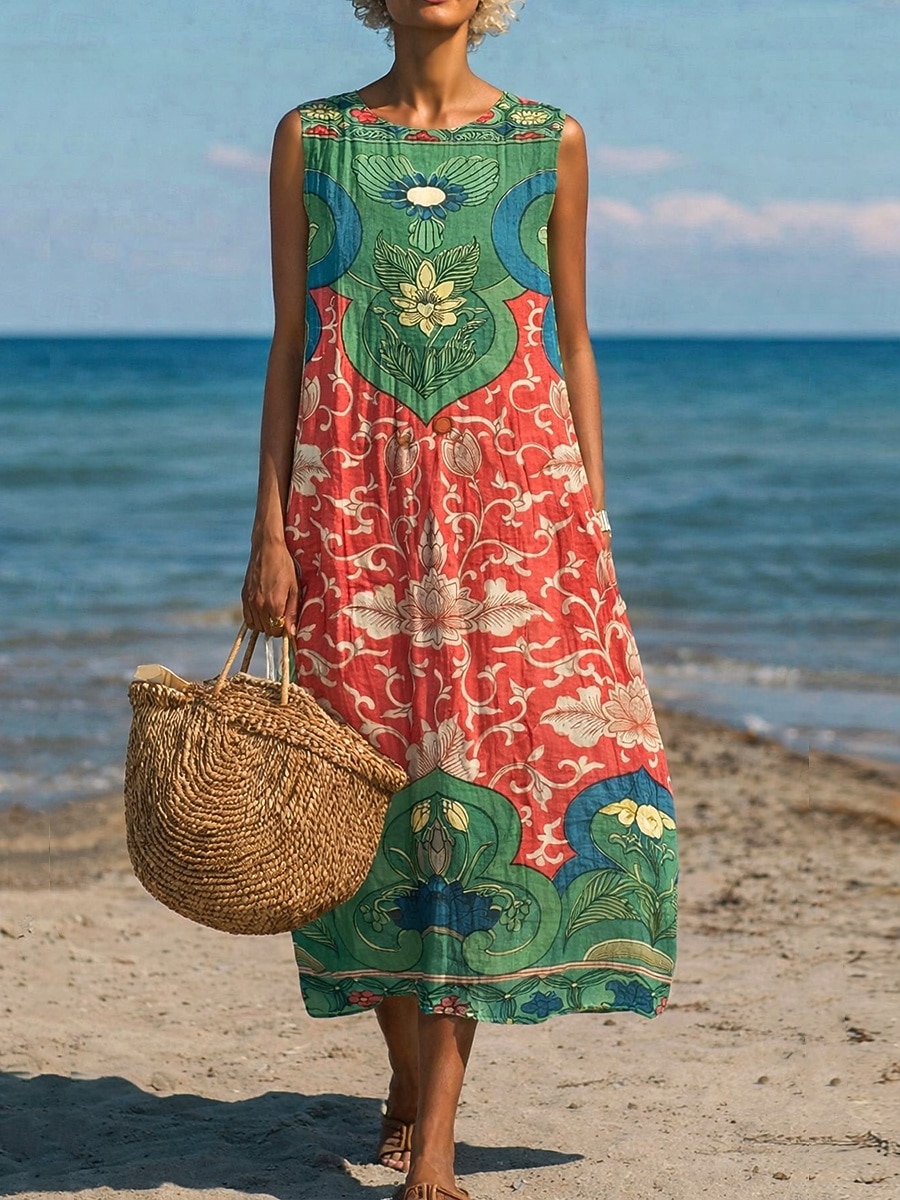 Women's Midi Dress Shift Dress Sundress A Line Dress Vacation Casual Boho Beach Party Going out Loose Fit Floral Graphic Sleeveless Crewneck Light Yellow Deep Green Gray Green Orange red Summer Spring 2026 - $37.99 –P4