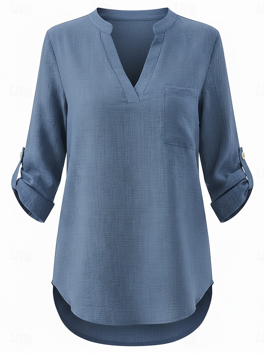 Per donna Camicie di cotone e lino Top estivi Blusa Top Eleganti Arricciato Patchwork Tasca Tinta unica Semplice Elegante Vintage Signore Manica 3/4 Colletto a Camicia Top Regolari Quotidiano Lavoro del 2026 a $22.99 –P5