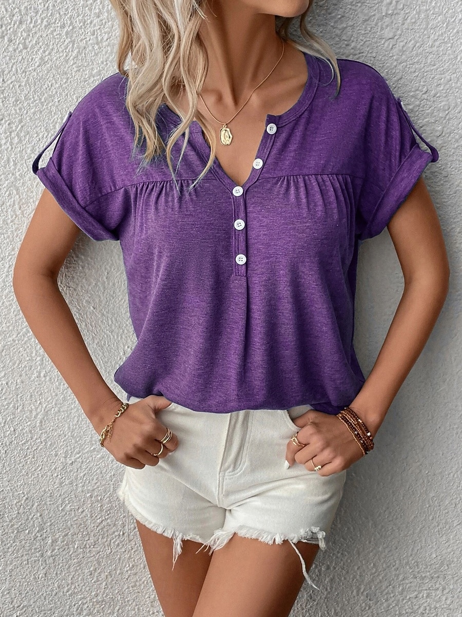 Per donna Maglietta Bottoni Semplice Moda Elegante Classico Manica Corta Scollo a V Top lunghi Quotidiano Uscire Weekend Blu Nero Viola Verde Caffè Estate Primavera del 2026 a $22.99 –P7