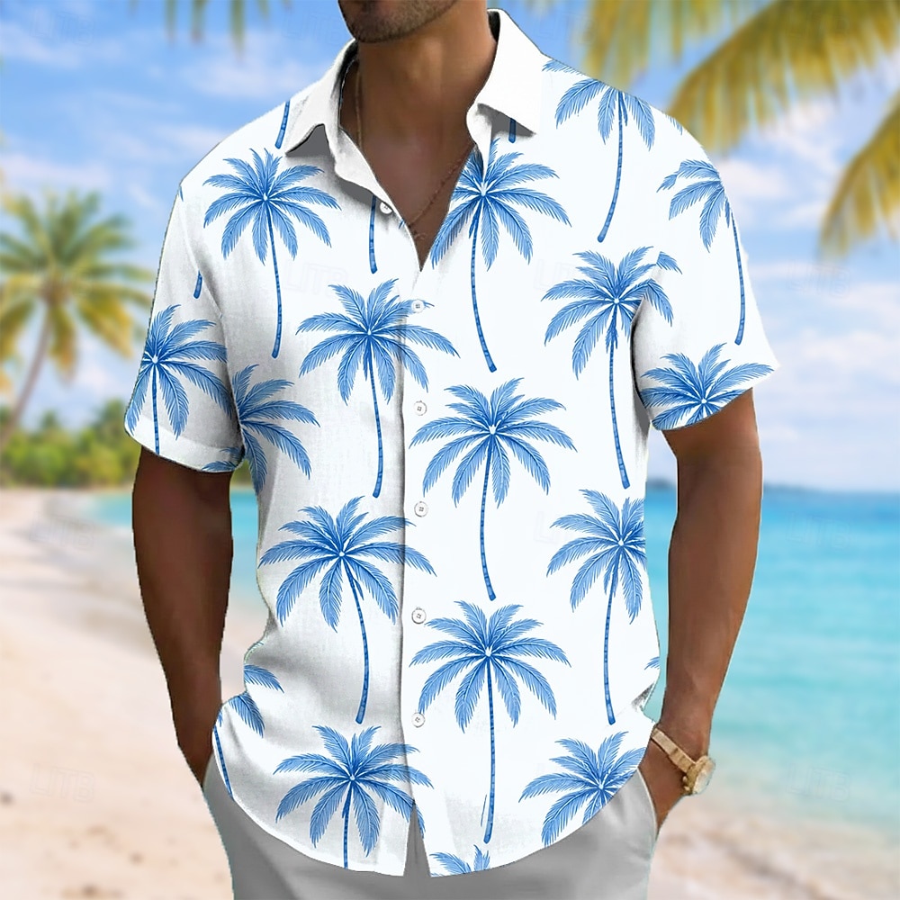 Hombre Árbol de coco Plantas tropicales camisa hawaiana Abotonar la camisa Manga Corta Hawaiano Vacaciones Ropa de playa Verano Primavera Cuello Vuelto Impresión 3D camisas con cuello Blanco / Azul 2026 - $25.99 –P1