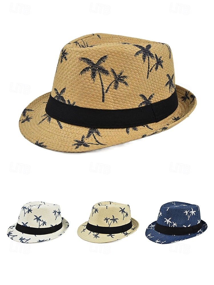 Sombrero fedora de paja para hombre con estampado de palmeras, ligero y transpirable, tejido para verano, disponible en varios colores, estilo informal de resort para vacaciones en la playa en primavera y uso diario. 2026 - $19.99 –P6