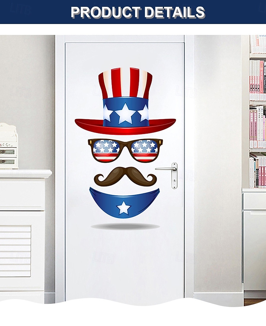 2-pakning med patriotisk dørklistremerke til uavhengighetsdagen 4. juli, veggklistremerker med onkel Sam-hatt, solbriller og bart, rød, hvit og blå, selvklebende dekor til hjemmekontor, 2026 - $16.99 –P4