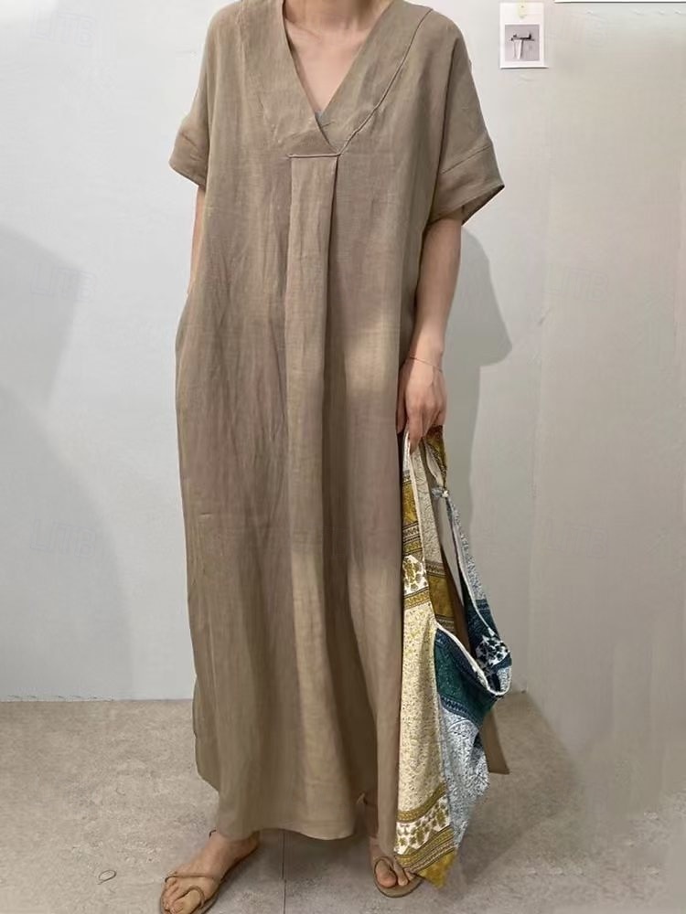 2026年 女性用 マキシドレス フェイクコットンリネン シフトドレス カジュアル 日常 ルーズフィット 平織り 半袖 Ｖネック ブルー ルビーレッド パープル ブラウン 夏 春 秋  コレクション – $33.99 –P4