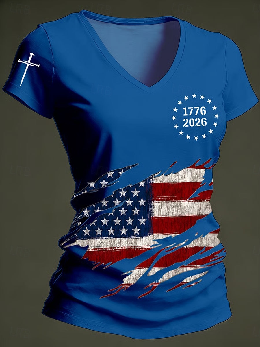 Día de la Independencia Aniversario Americano Camiseta Patriótica de Mujer Impresión Gráfica Bandera Vintage Elegante Clásico Manga Corta Cuello en V Tops Regulares Diarios Azul Negro Blanco Rojo 2026 - $21.99 –P4