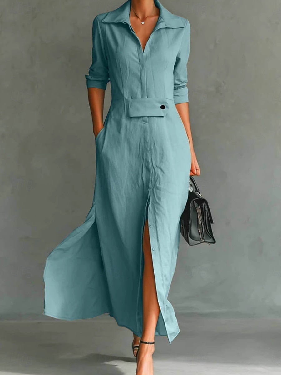 Women's Maxi Dress Shirt Dress White Dress Casual Dress Work Dress Elegant Fashion Modern Daily Office Regular Fit Plain Long Sleeve Shirt Collar Blue Black White Pink Summer Spring 2026 - $25.99 –P4