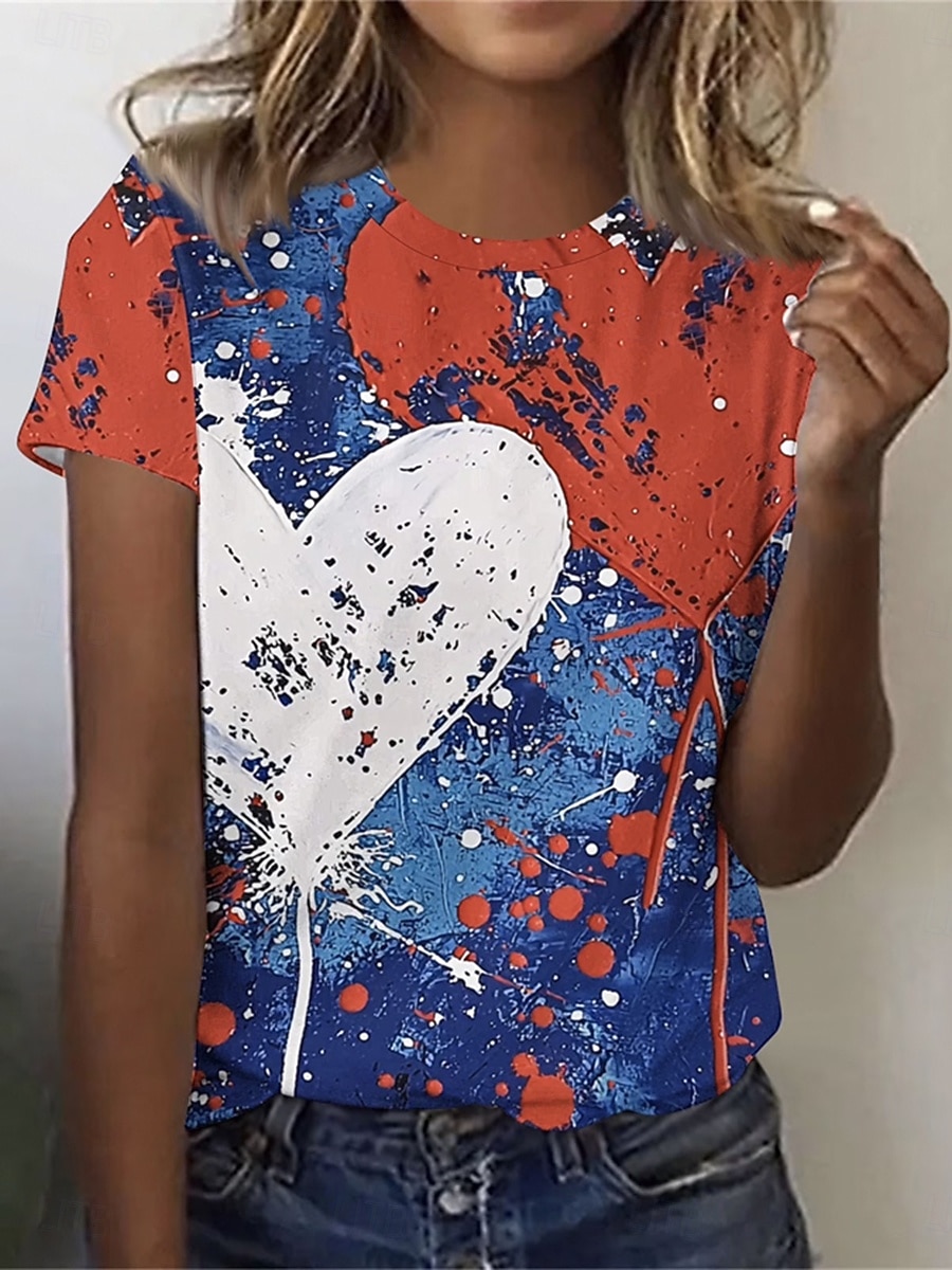 Independence Day PatrioticWomen's T Shirt Print Graphic Flag Stylish Classic Casual Short Sleeve Crew Neck Round Neck Regular Tops Daily Blue Red Orange Summer Spring 2026 - $22.99 –P3