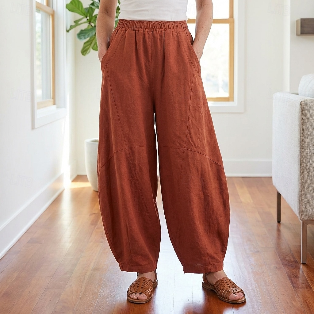 Dam Byxor av linne i bomull Kinesiska Sommarbyxor underbyxor Semester Streetwear Grundläggande Fullängd Medium Midja Slät Ficka Elastiskt midjeband Bekväm Komfort Microelastisk Dagligen Utomhus Gata 2026 - $49.99 –P1