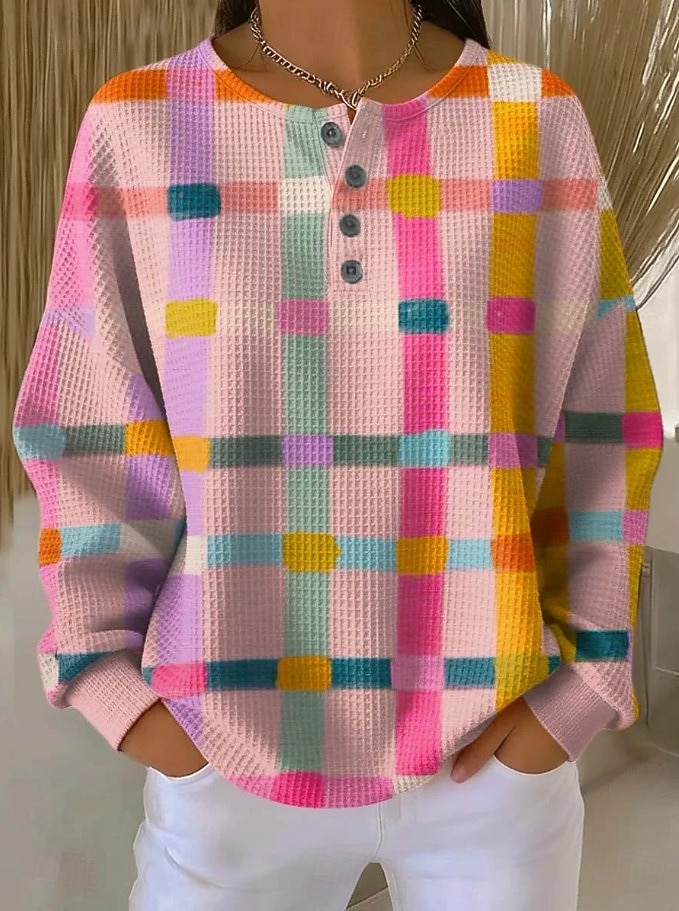 Per donna Felpe con cappuccio Bottoni Grafico Geometrico Blocco di colori Moda Casual Stampa Manica Lunga Girocollo Top Regolari Casuale Streetwear Rosa Marrone chiaro Viola chiaro Estate Primavera del 2026 a $28.99 –P3