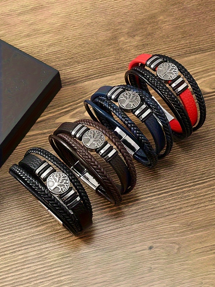 Herrarmband i flerskiktat konstläder med vikingatrender – flätat konstläderarmband i flera färger, bohemisk punkstil för strandsemester, vardagskläder och present till honom 2026 - $7.99 –P3