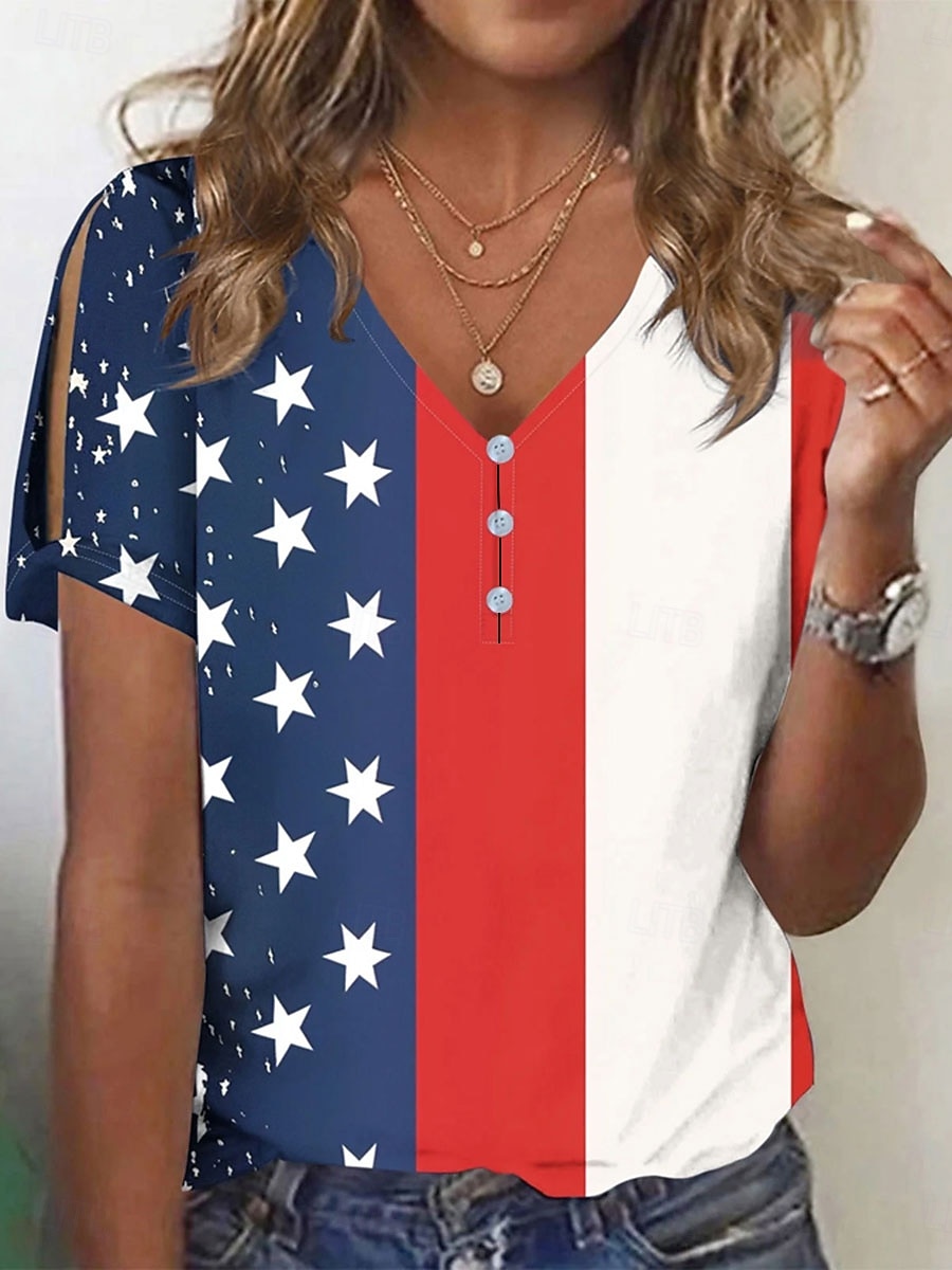 2026年 アメリカ独立記念日 女性用 Tシャツ カラーブロック プリント グラフィック フラッグ ヴィンテージ スタイリッシュ クラシック 半袖 Ｖネック レギュラートップス 日常 お出かけ 週末 ブルー ルビーレッド レッドとブルー 夏 春  コレクション – $29.99 –P3