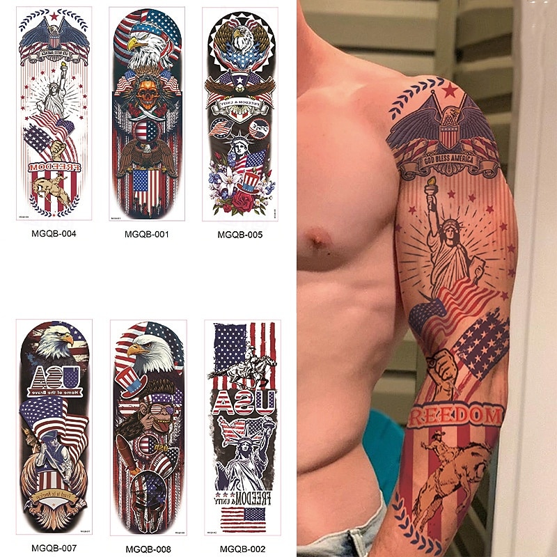 8 hojas de tatuajes temporales de brazo completo para hombres, pegatinas de tatuajes de manga con calavera y águila con la bandera patriótica de EE. UU., tatuajes falsos extragrandes e impermeables 2026 - $14.99 –P1