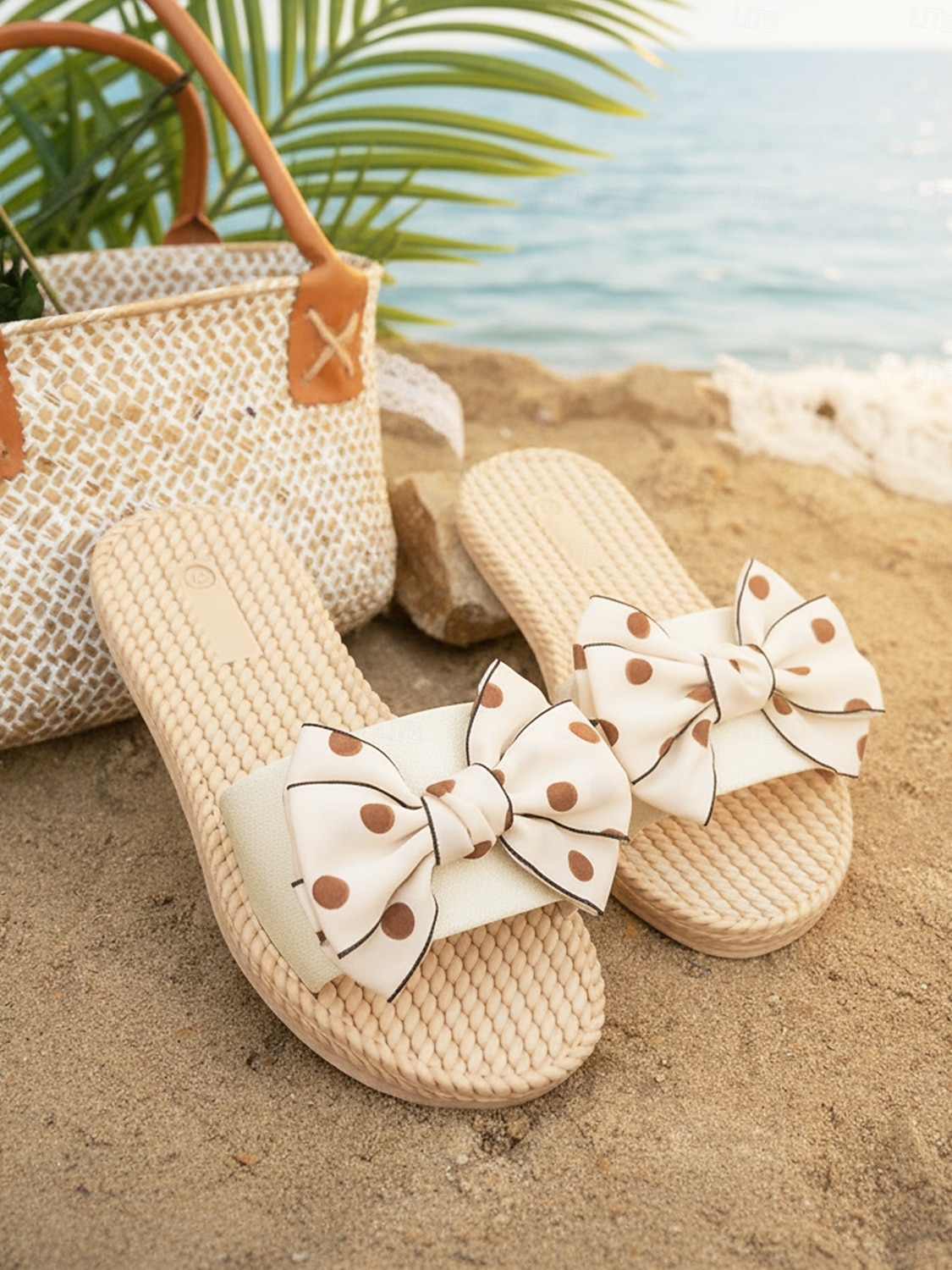 Dames slippers met stippen en strik, met gevlochten touwzool – schattige instapschoenen voor strandvakanties, zomervakanties en bij het zwembad. 2026 - $18.99 –P4