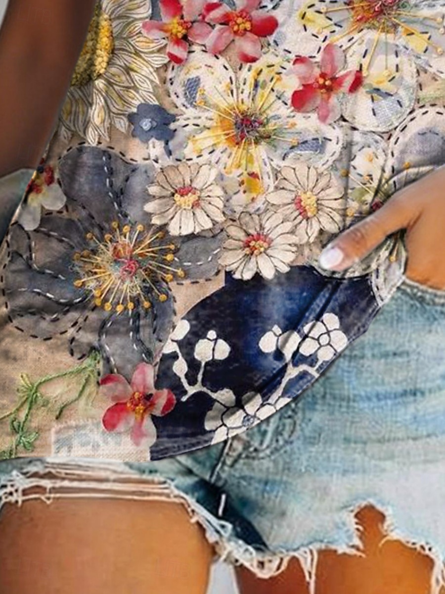 Mujer Camiseta Estampado Floral Pintada Bohemia Vintage Casual Manga Corta Escote en Pico Tops regulares Diario Azul Piscina Verano Primavera 2026 - $21.99 –P3