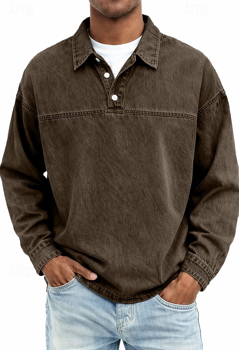 Herren Jeanshemd Baumwoll-Poloshirt Lässig Urlaub Klassisch Langarm Mode Basic Einfarbig Einfach Vintage-Stil Gewaschen Frühling Winter Frühling & Herbst Normale Passform Schwarz Hellgrün Rosa 2026 - $33.99 –P9