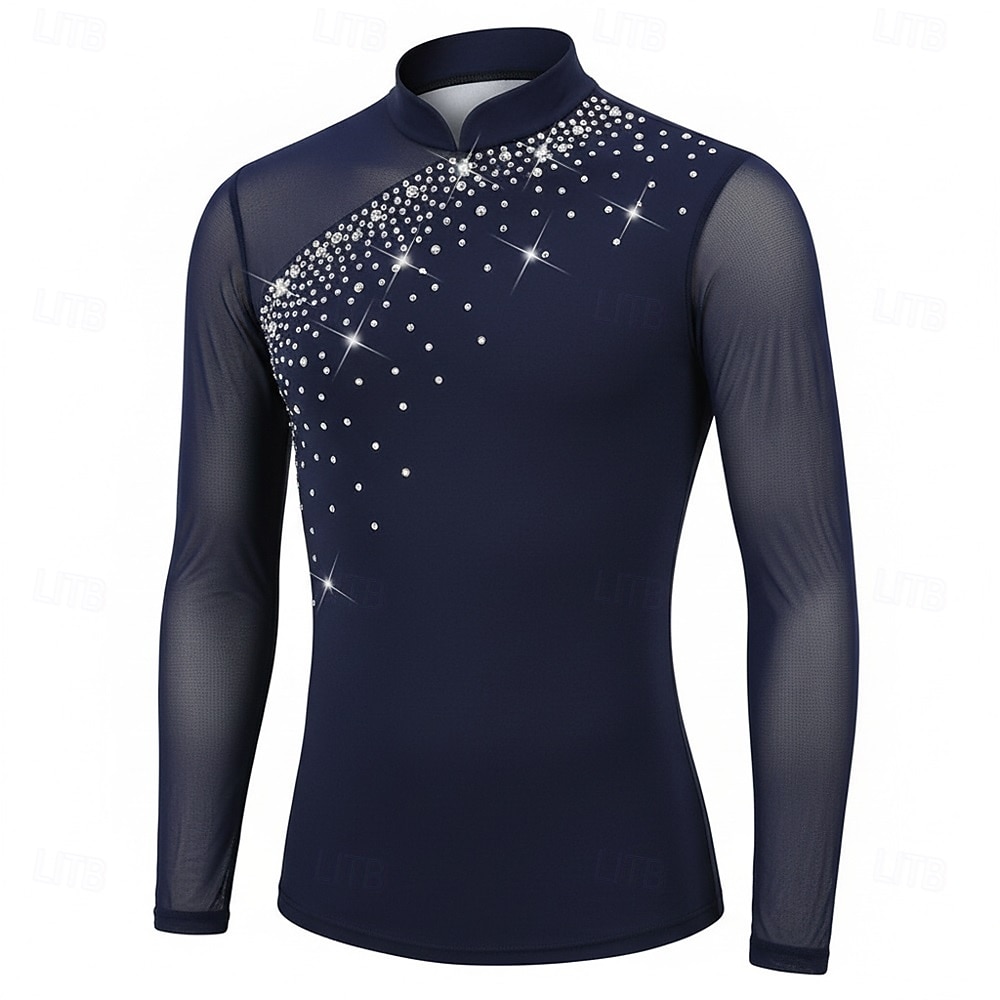 Figure Skating Top Men's Ice Skating Tops Navy Patchwork Stretchy ...