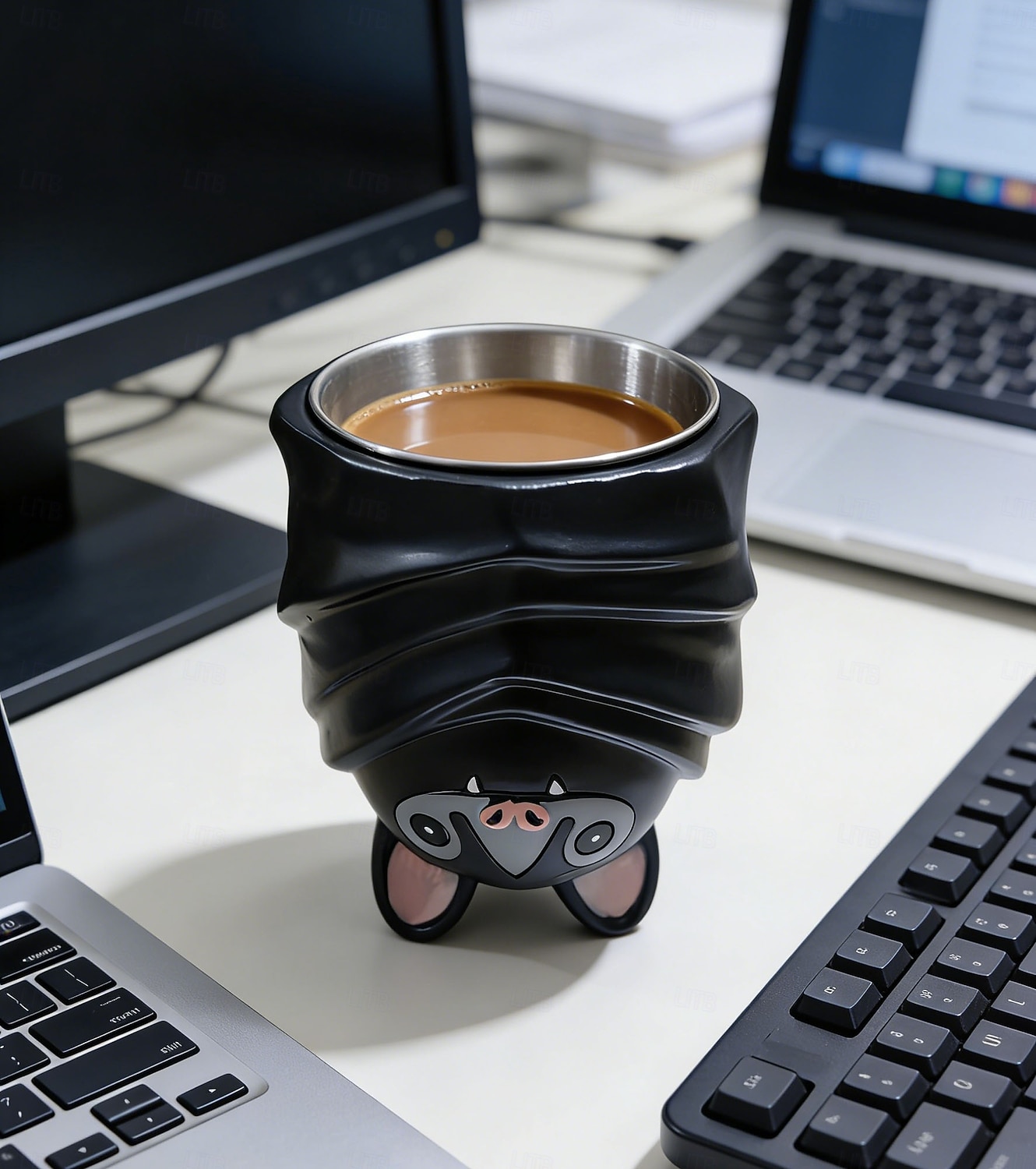 Snygg resinmugg med fladdermustema, upp och ner-vänd silhuett med kreativt svanshandtag, rolig och hållbar kaffekopp för hemmakontor, unik presentidé för halloween och högtider 2026 - $23.99 –P1