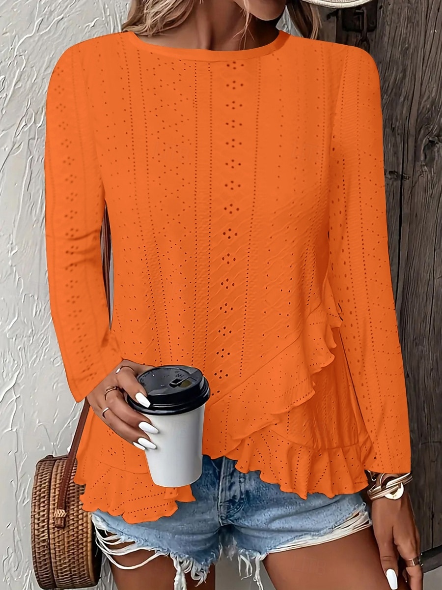 Pasqua Per donna Camicia traforata Top traforato Blusa Volant Traforato Tinta unica Elegante Essenziale Casual Manica Lunga Girocollo Top Regolari Casuale Quotidiano Spiaggia Blu Bianco Giallo Vino del 2026 a $21.99 –P7