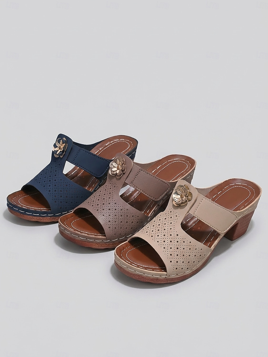 Women's Navy Blue Breathable Block Heel Sandals with Floral Detail - Casual and Comfortable Open-Toe Heeled Shoes for Work, Office, Travel, Shopping & Daily Wear 2026 - $26.99 –P1