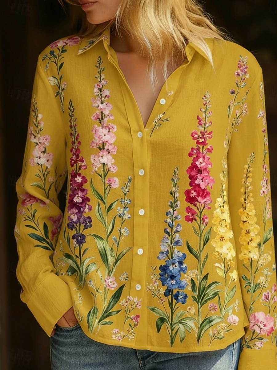 Dámské Košile Boho košile Imitace bavlny a lnu Knoflíky Tisk Květinový Elegantní Vinobraní Na běžné nošení Dlouhý rukáv Košilový límec Běžné topy Denní Dovolená Žlutá Světlá růžová Béžová Léto Jaro 2026 - $32.99 –P5