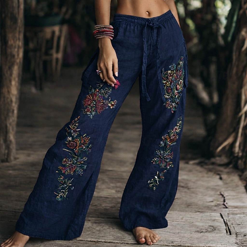 2026年 レディース ワイドレッグ スラックス ボヘミアン フルレングス ナチュラルフラワー ポケットプリント 伸縮性 ドローストリングデザイン 快適 アウトドア バケーション 週末 グリーン サマー レギュラーフィット  コレクション – $29.99 –P4
