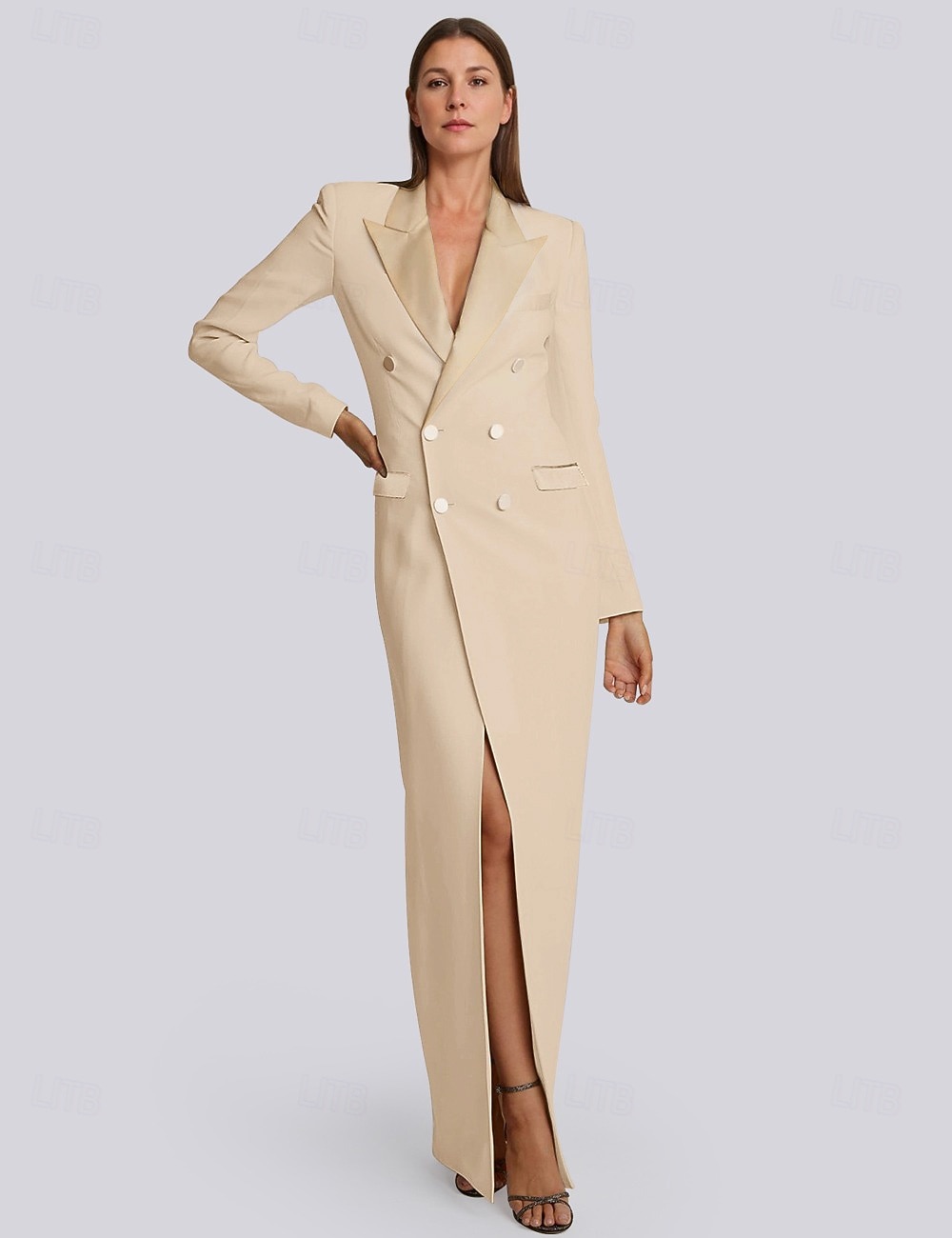 satin tuxedo dress Tuxedo Dress Mermaid Trumpet Wedding Guest Satin Elegant Long Sleeve Floor  Length Peak Lapel Double Breasted 2026