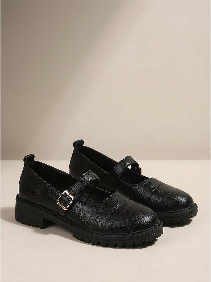 Sapatilhas Mary Jane pretas femininas - sapatos casuais de bico redondo para caminhada com sola tratorada robusta &Alça ajustável com fivela para uso diário e escolar. & escritório de 2026 por $26.99 –P4