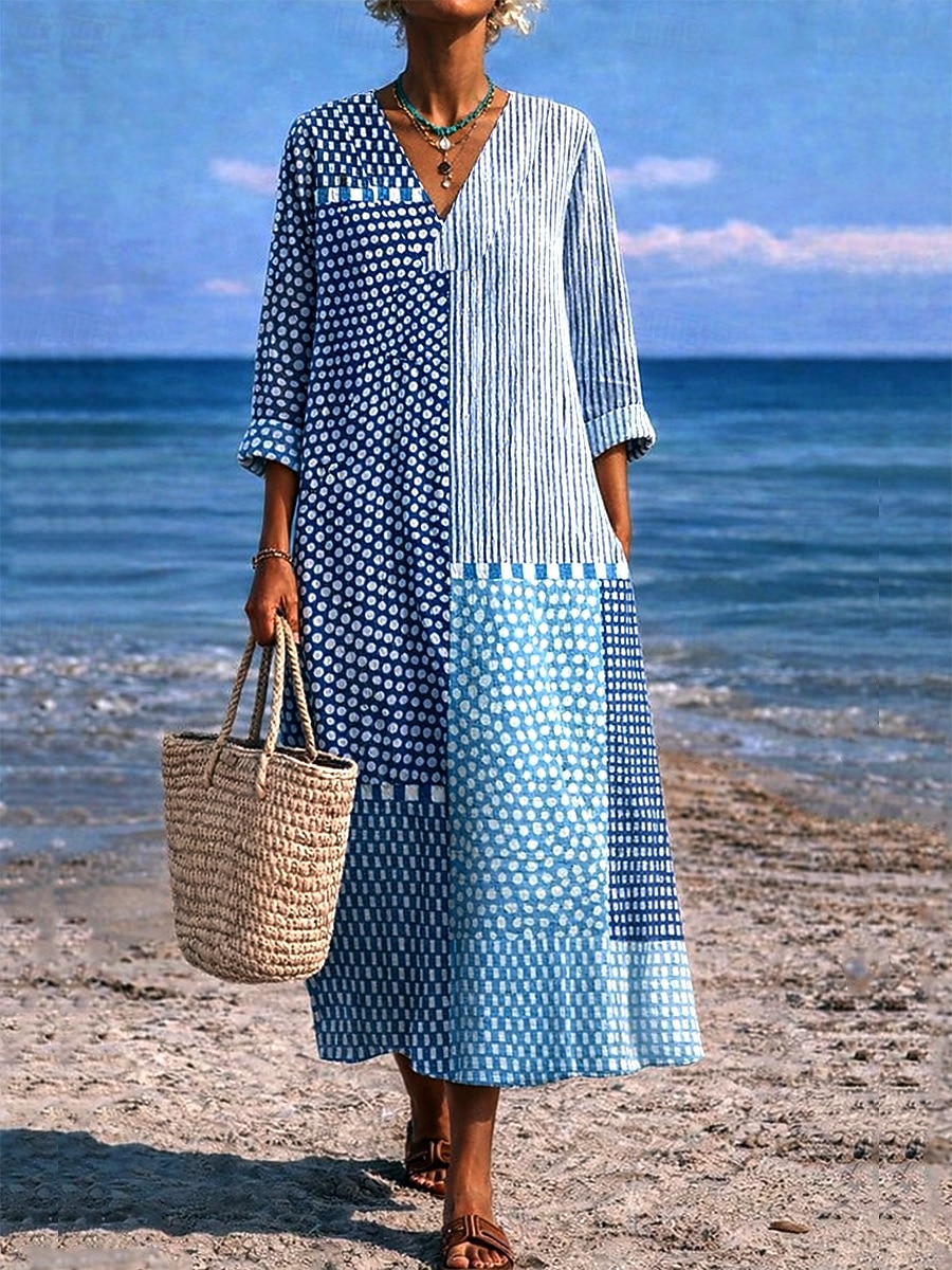 Women's Midi Dress V Neck Long Sleeve Kaftan Lightweight Loose Fit A Line Dress Casual Boho Going out Graphic Geometric Stripe Long Sleeve V Neck Orange red Black Yellow Pink 2026 - $37.99 –P2