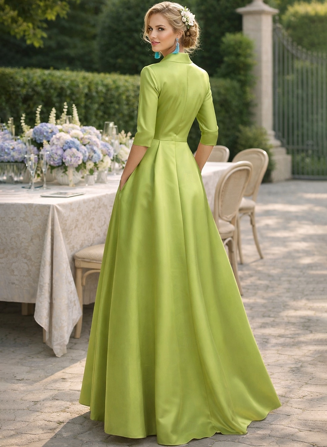 Linia -A Lungime Podea Rochii Tip Cămașă Rochie pentru invitata de nunta Rochie formala Rochie Mama Miresei Manșon Lung Guler Cămașă Elegant Epocă Nuntă Oficial Satin cu Imprimeu Floral 2026 - $183.99 –P6