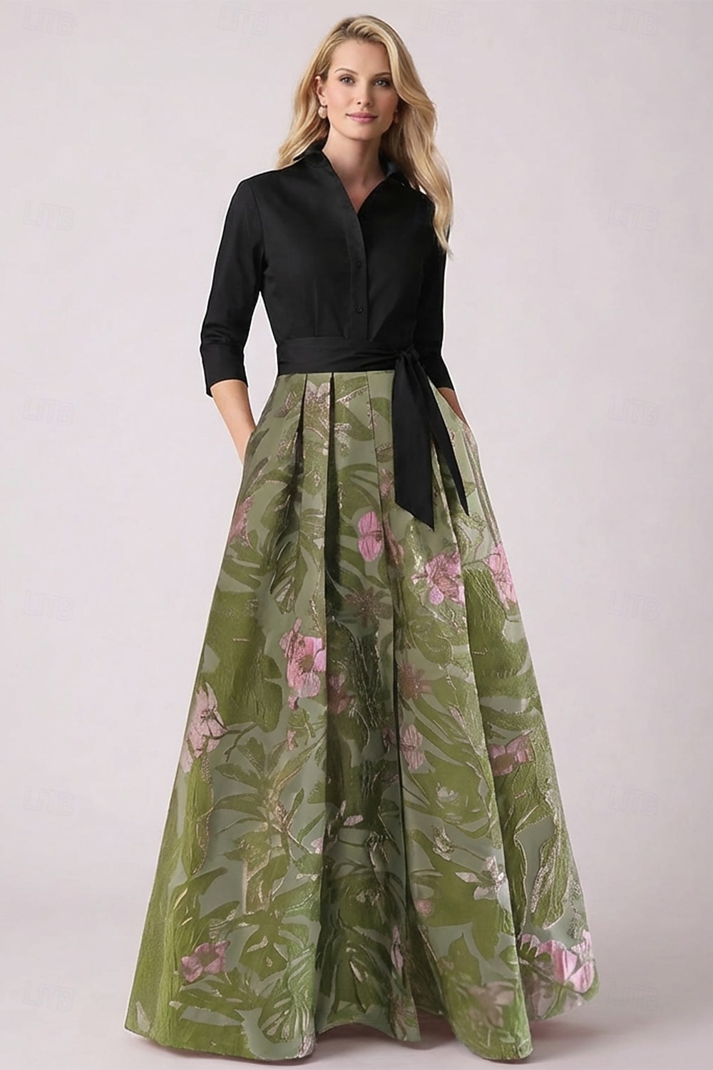 A-Line Floor Length Shirt Dress Wedding Guest Dress Formal Dresses Mother of the Bride Dress Long Sleeve Shirt Collar Elegant Vintage Wedding Formal Nylon with Floral Print Bow(s) Slit 2026 - $186.99 –P13