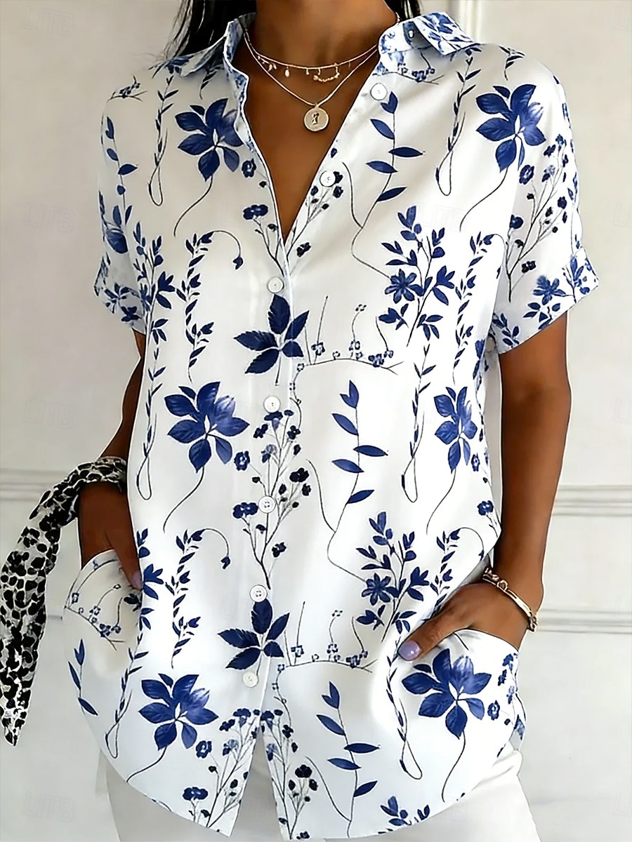 Γυναικεία Πουκάμισο Κουμπιά Στάμπα Φλοράλ Γραφική Βίντατζ Στυλάτο Μοντέρνα Κοντομάνικο Κολάρο Πουκαμίσου Κανονικά μπλουζάκια Καθημερινά Θαλασσί Κίτρινο Βυσσινί Πράσινο του τριφυλλιού Καλοκαίρι Άνοιξη 2026 - $11.49 –P1