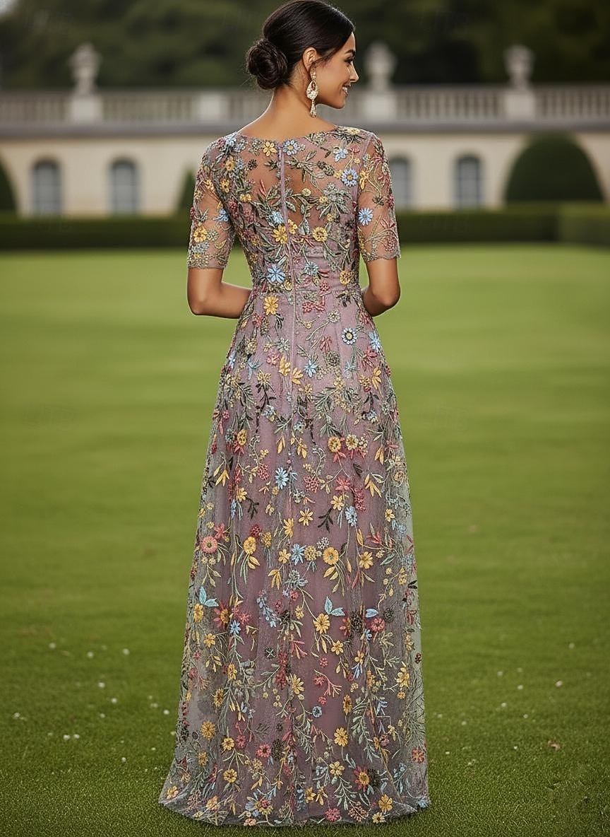 Corte A Vestidos Hasta el Suelo Vestido de Fiesta Vestido Cóctel Vestido de Madrina Media Manga Escote en Pico Elegante Vintage Lujoso Formal Invitado a la boda El derby de Kentucky Tul con Estampado 2026 - $182.99 –P2