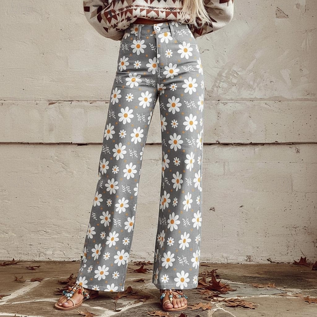 Retro / vintage Boheemi 1970 luku Housut Leveät housut Hippi Disko Korkea vyötärö Kukka Keinofarkkujen tyyli Naamiaispuku Naisten Halloween Karnevaali musiikkifestivaali Pride-paraati Retro-teemaiset 2026 - $35.99 –P9