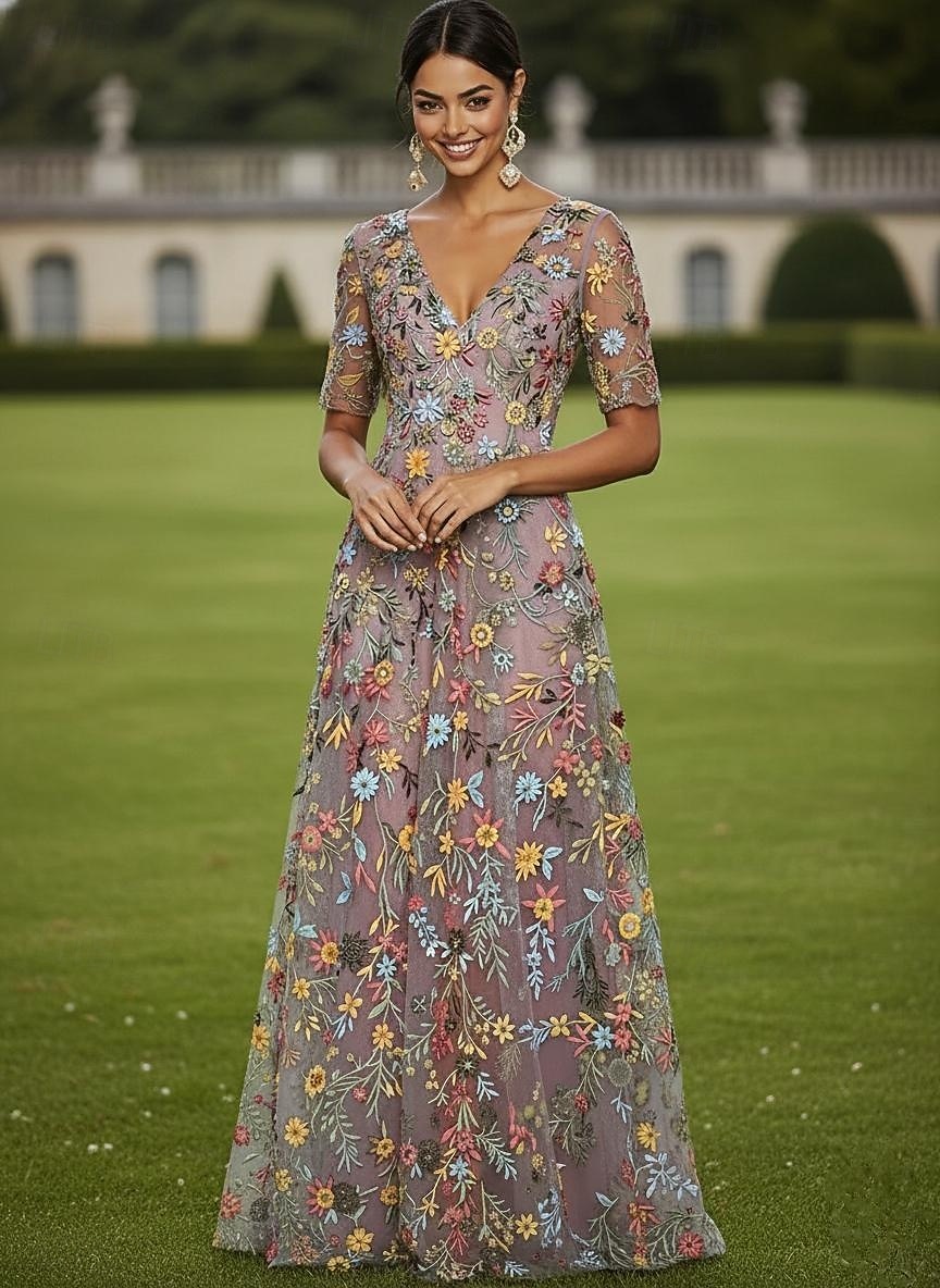Corte A Vestidos Hasta el Suelo Vestido de Fiesta Vestido Cóctel Vestido de Madrina Media Manga Escote en Pico Elegante Vintage Lujoso Formal Invitado a la boda El derby de Kentucky Tul con Estampado 2026 - $182.99 –P1