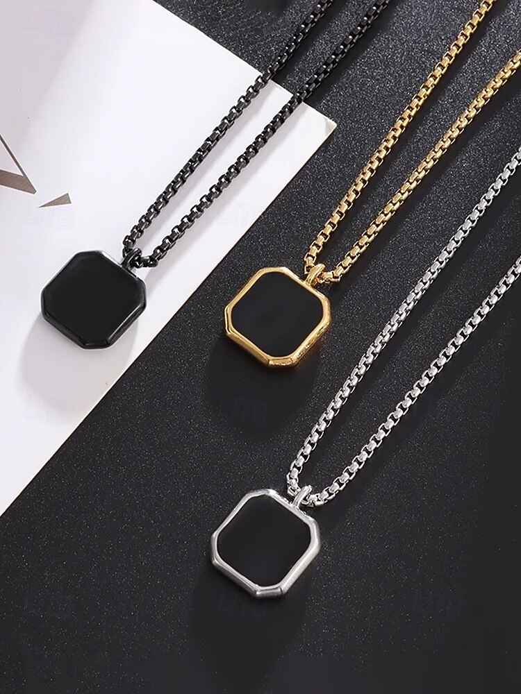 Schwarze Herren-Halskette mit quadratischem Anhänger aus Edelstahl – minimalistisches, geometrisches Ketten-Schmuckstück in Gold, Silber und Schwarz, modisches Accessoire für Alltag, Business Casual und Urlaub 2026 - $5.99 –P4