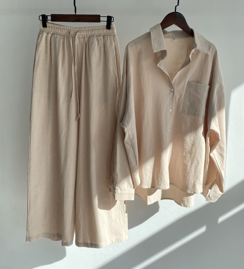 Damen Baumwoll-Leinen Hosen Sets Bolero Oberteil Langarm Hemd Kragen Einfarbig Mode Streetwear Lässig Alltag Draußen Blau Schwarz Weiß Sommer Lockerer Schnitt 2026 - $41.99 –P7