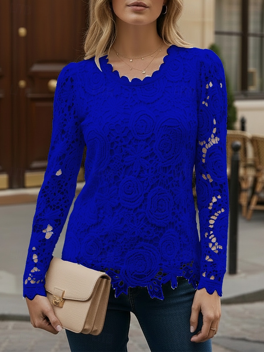 Damen Hemd Bluse Spitzentops Spitze Einfach Stilvoll Modern Lässig Langarm Rundhalsausschnitt Normale Oberteile Täglich Ausgehen Blau Schwarz Weiß Rosa Wein Frühling Herbst 2026 - $21.99 –P4