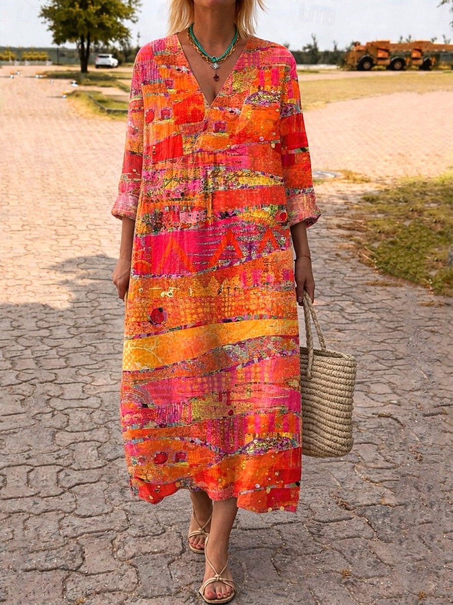 Abito Midi da Donna V Collo Maniche Lunghe Kaftan Leggero Comodo A Line Abito Casual Boho Uscita Grafica Geometrica Strisce Maniche Lunghe V Collo Arancione Rosso Nero Giallo Rosa del 2026 a $37.99 –P2