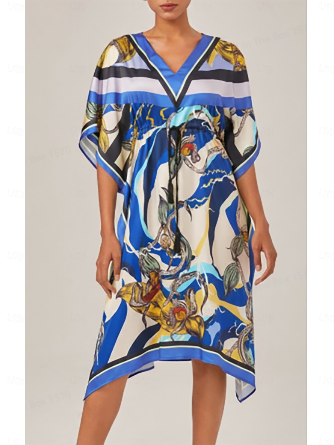 Ozeanblauer Orchideen-Seidensatin-Kaftan 2026 - $102.99 –P1