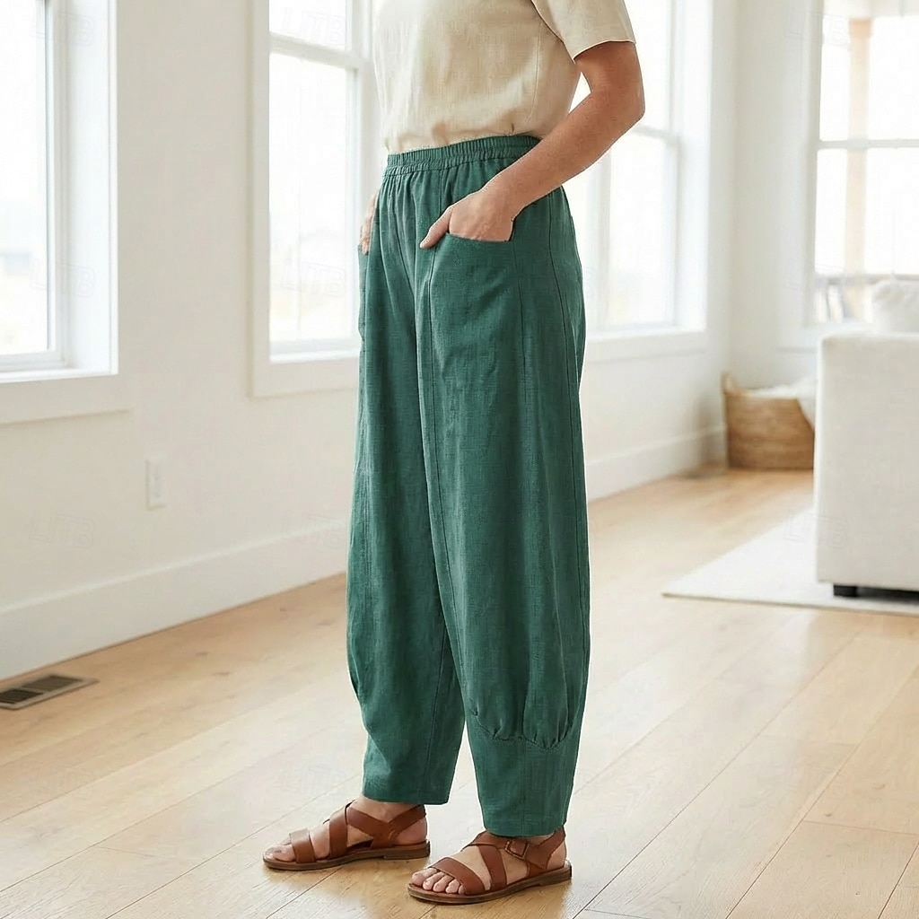 Damen-Leinenhose aus 70 % Leinen, weites Bein, Chino-Stil, Sommerhose, Urlaubshose, Streetwear, Basic, lange Länge, mittlere Bundhöhe, schlicht, Tasche, elastischer Bund, bequem, komfortabel, nicht elastisch, für Alltag, Outdoor, Straße, Bordeauxrot, Azur 2026 - $49.99 –P4