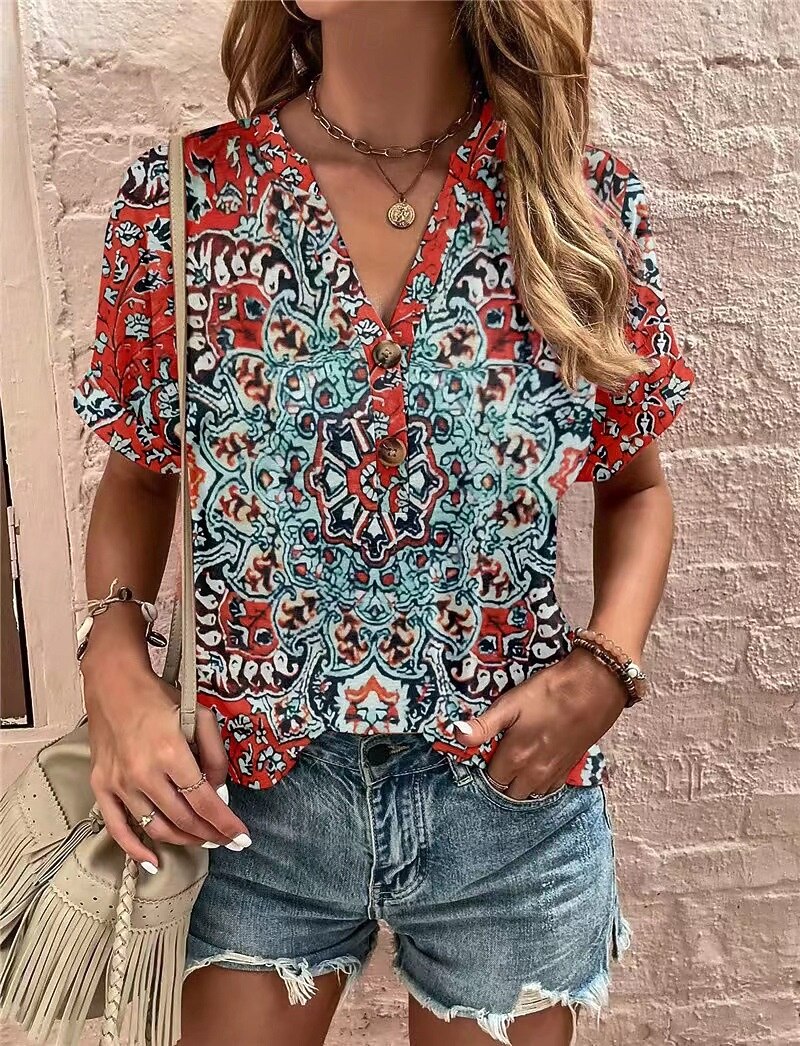 Women's T Shirt Tee Top Buttons Print Floral Graphic Bohemia Vintage Stylish Short Sleeve V Neck Long Tops Daily Going out Weekend Blue Wine Red Navy Blue Summer Spring 2026 - $21.99 –P3