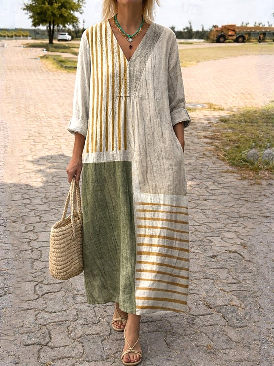 Abito Midi da Donna V Collo Maniche Lunghe Kaftan Leggero Comodo A Line Abito Casual Boho Uscita Grafica Geometrica Strisce Maniche Lunghe V Collo Arancione Rosso Nero Giallo Rosa del 2026 a $37.99 –P8
