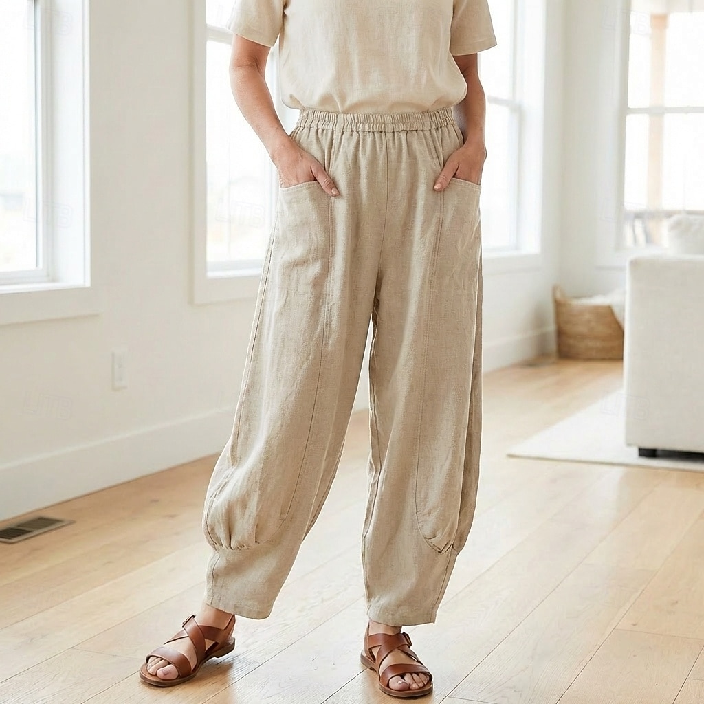 Damen-Leinenhose aus 70 % Leinen, weites Bein, Chino-Stil, Sommerhose, Urlaubshose, Streetwear, Basic, lange Länge, mittlere Bundhöhe, schlicht, Tasche, elastischer Bund, bequem, komfortabel, nicht elastisch, für Alltag, Outdoor, Straße, Bordeauxrot, Azur 2026 - $49.99 –P11