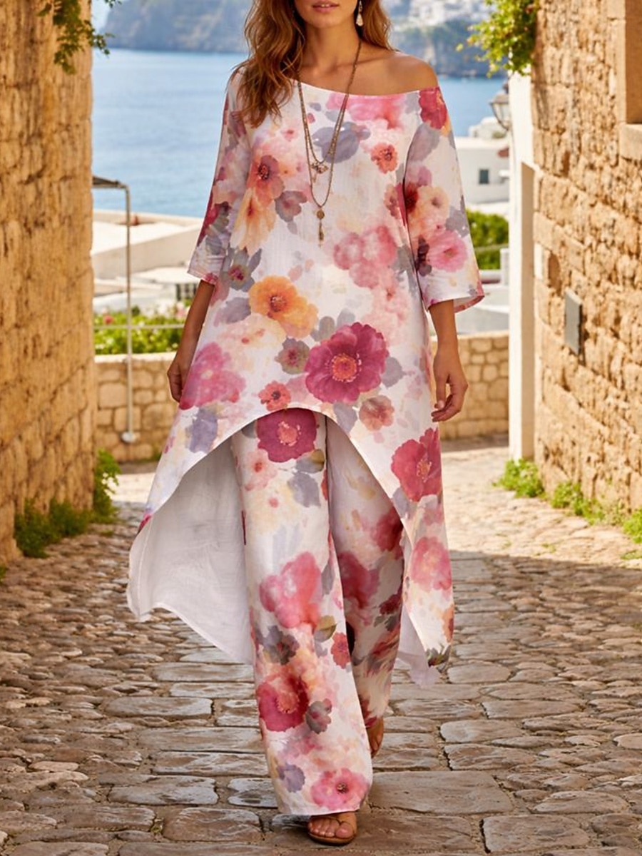 Dame Todelt sett Buksesett Bolero topp Langermet Crew-hals Blomstret Grafisk Bohem Mote Gatemote Avslappet Daglig utendørs Hvit Rosa Marineblå Vår Løstsittende 2026 - $45.99 –P4