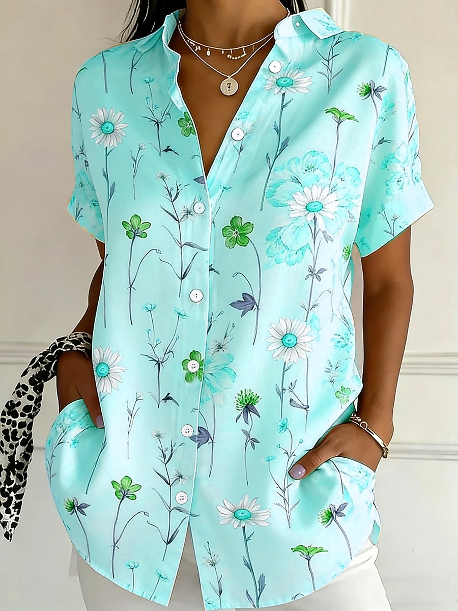 Γυναικεία Πουκάμισο Κουμπιά Στάμπα Φλοράλ Γραφική Βίντατζ Στυλάτο Μοντέρνα Κοντομάνικο Κολάρο Πουκαμίσου Κανονικά μπλουζάκια Καθημερινά Θαλασσί Κίτρινο Ανθισμένο Ροζ Βυσσινί Πράσινο του τριφυλλιού 2026 - $26.99 –P3