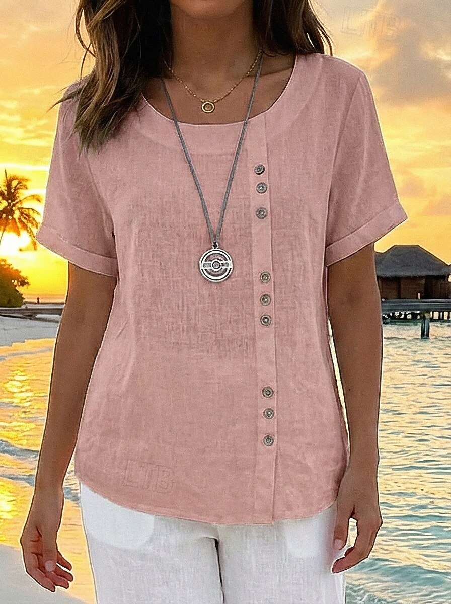Women's Shirt Cotton Blend Blouse Buttons Plain Basic Modern Short Sleeve Crew Neck Regular Tops Daily Holiday Blue White Pink Orange Green Summer 2026 - $18.49 –P7