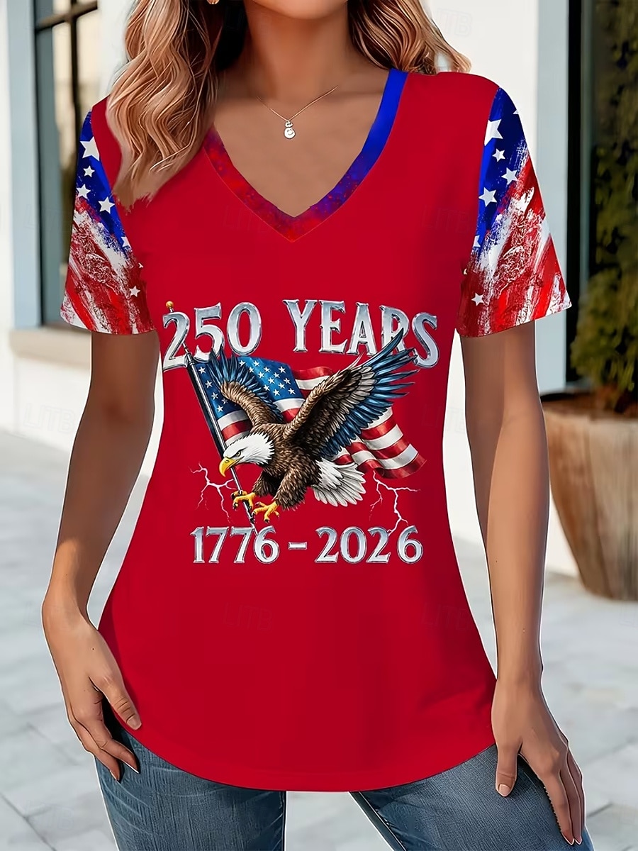 Unabhängigkeitstag Amerikanisches Jubiläum Patriotischer Damen T-Shirt Druck Grafik Flagge Stylisch Klassisch Lässig Kurze Ärmel V-Ausschnitt Reguläre Oberteile Alltag Blau Schwarz Rot Rot  Blau 2026 - $21.99 –P4