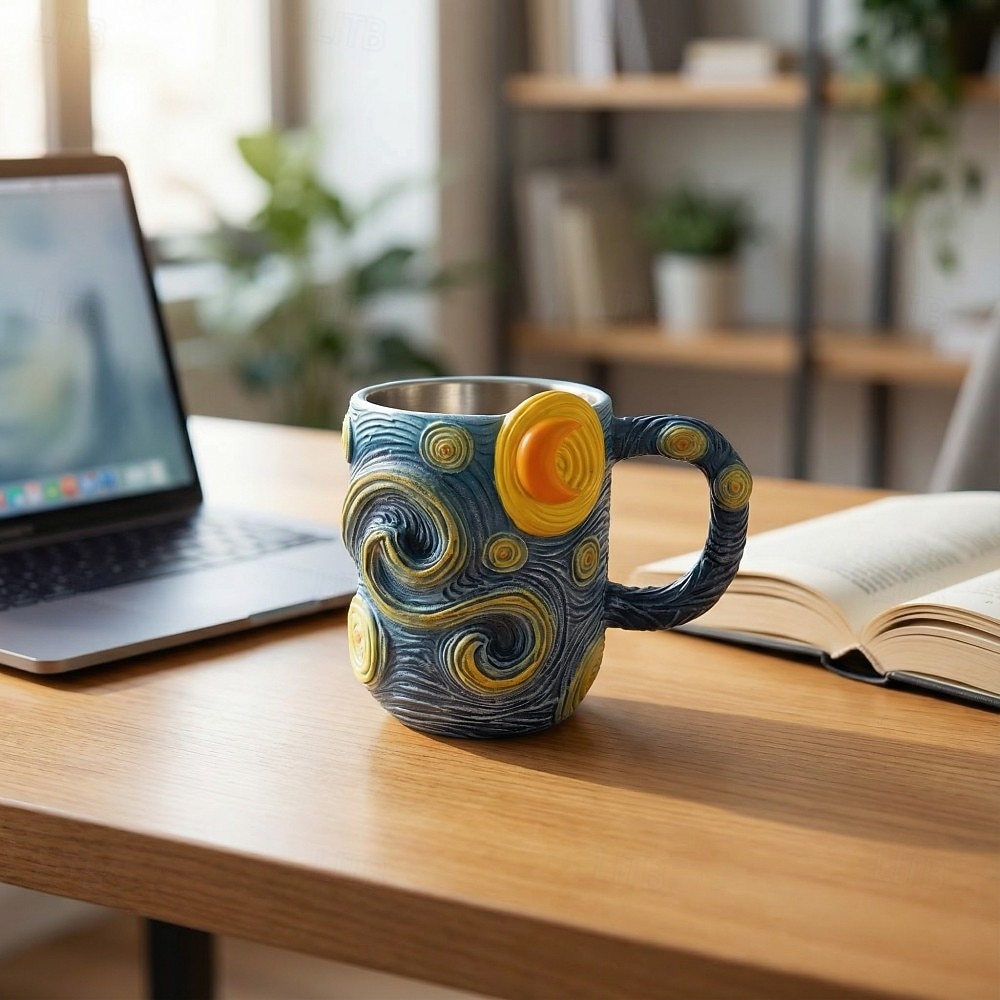 Van Gogh Sternennacht 3D-Harzbecher, handbemalte Kaffeetasse, kunstvoll gestalteter Teebecher mit Reliefprägung, künstlerisches Geschenk für Kunstliebhaber, Zuhause &Bürogestaltung 2026 - $27.99 –P3