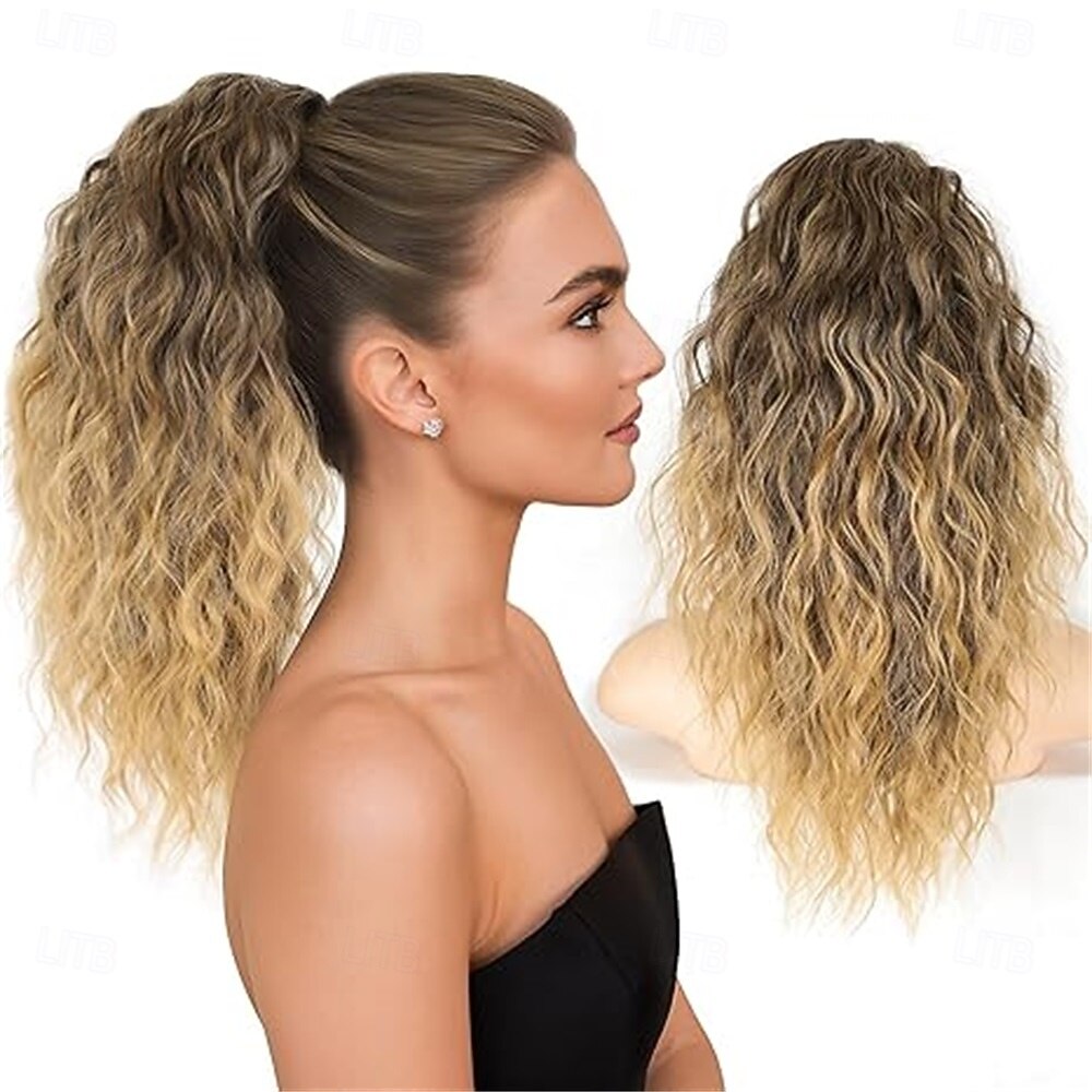 Prodlužování vlasů s culíkem 18 palců, dlouhý vlnitý, lehký, nadýchaný, culík s připínacími sponami pro ženy, ombre hnědá, mix blond, syntetické příčesky, vrstvené, prodlužování vlasů s culíkem 2026 - $22.99 –P3