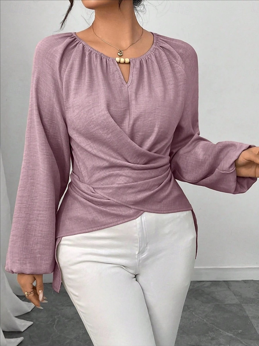 Women's Blouse Ruched Plain Elegant Stylish Basic Long Sleeve Crew Neck Regular Tops Daily Streetwear Black Pink Wine Green Khaki Spring Fall 2026 - $29.99 –P17