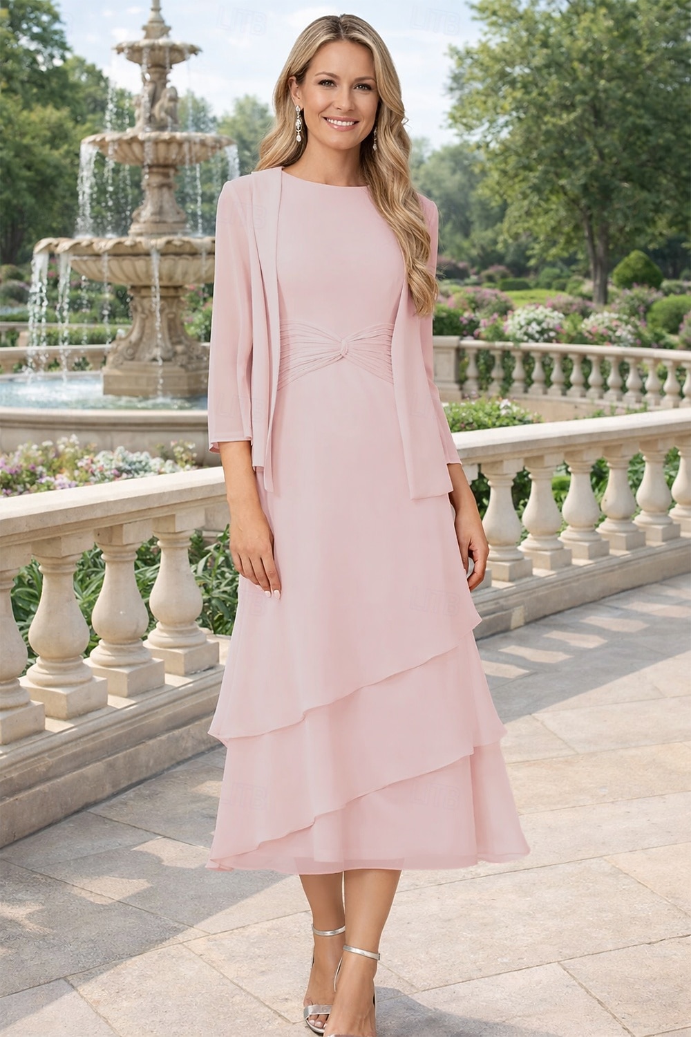 Tubino Colonna Lunghezza Tè Abito da invitata a nozze Abito da cerimonia per signora Manica 3/4 Collo gioiello Elegante Ospite di nozze Chiffon Con Stola con Arricciatura del 2026 a $160.99 –P13